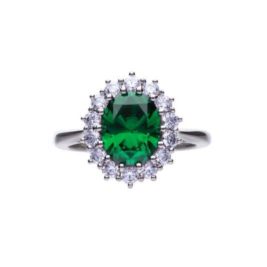 anello diamonfire pietra verde e pietre bianche a contorno stile classico. anello in argento 925 lega palladio con copertura platino e rodiatura finale.